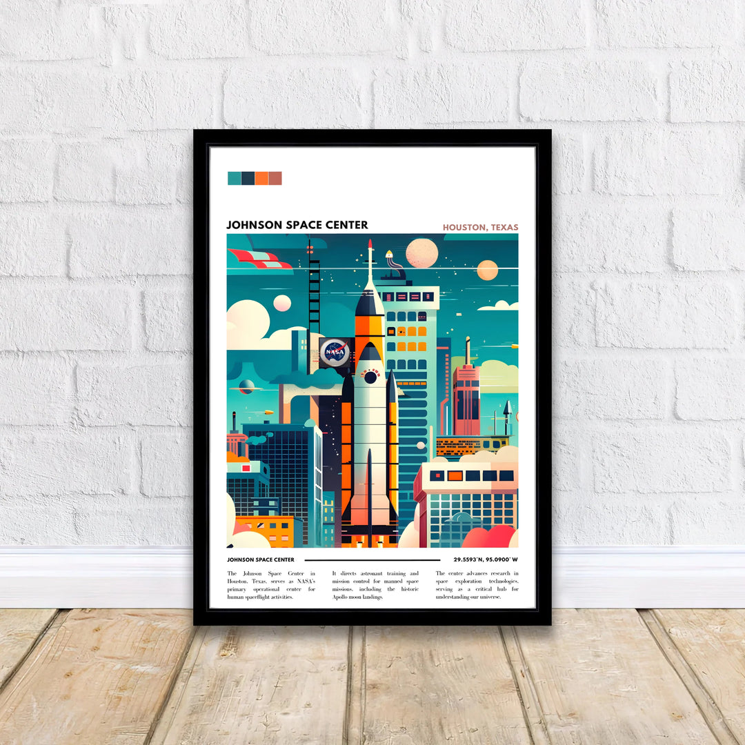 A scenic space age graphic depicting rocket launch towers, radar dishes, and orbiting celestial bodies with JOHNSON SPACE CENTER HOUSTON TEXAS typography. It serves as an adventurous Space Center Print available in unframed paper, gallery wrapped canvas, or custom frames for science fans.