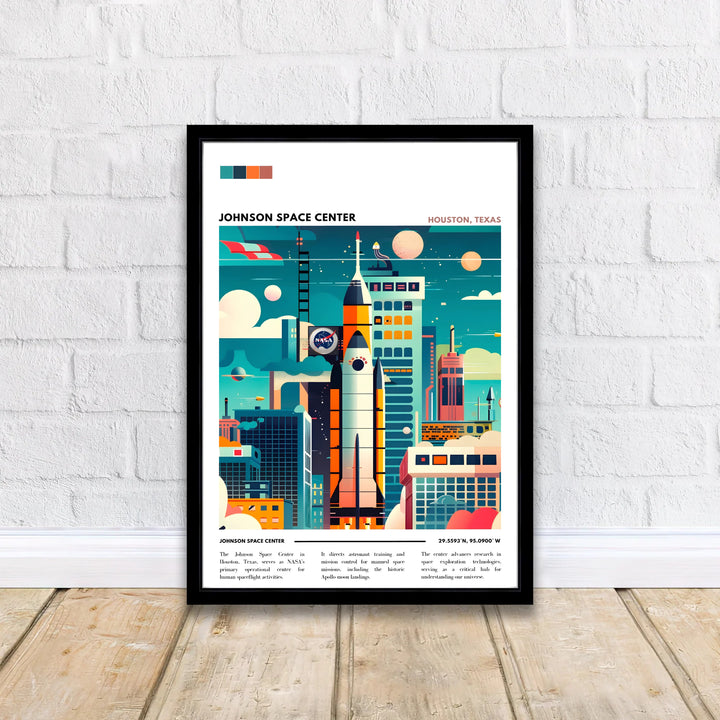 A scenic space age graphic depicting rocket launch towers, radar dishes, and orbiting celestial bodies with JOHNSON SPACE CENTER HOUSTON TEXAS typography. It serves as an adventurous Space Center Print available in unframed paper, gallery wrapped canvas, or custom frames for science fans.