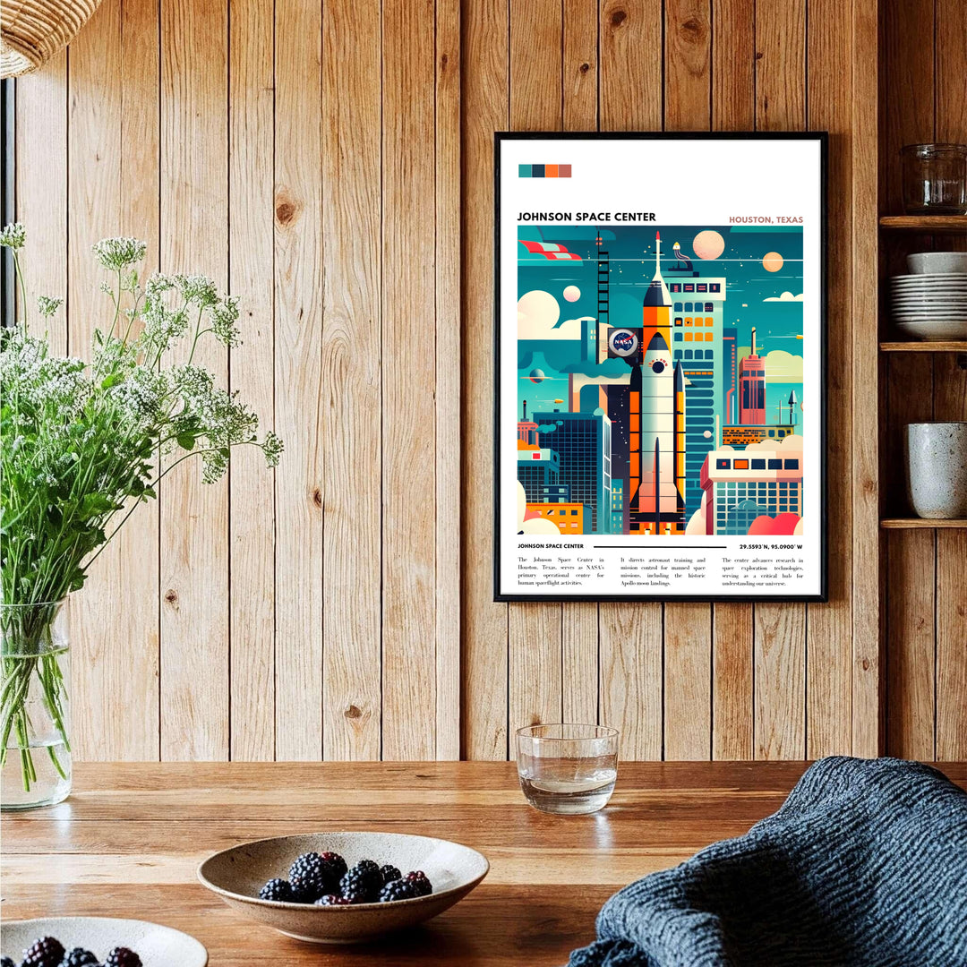 A modern vintage illustration of a rocket ship launch vehicle that serves as an inspiring NASA Wall Art centerpiece. This NASA Poster is supplied in flexible home decor formats, including unframed paper, gallery-wrapped canvas, or custom-assembled timber frames for modern rooms.