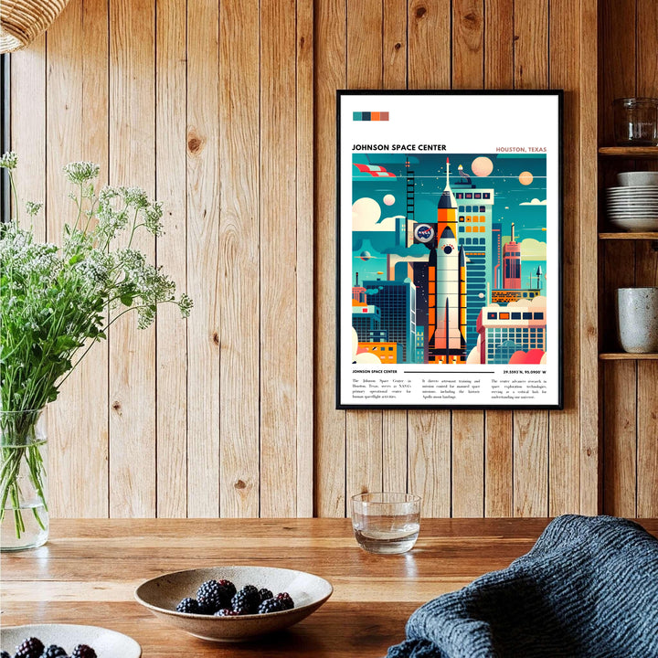 A modern vintage illustration of a rocket ship launch vehicle that serves as an inspiring NASA Wall Art centerpiece. This NASA Poster is supplied in flexible home decor formats, including unframed paper, gallery-wrapped canvas, or custom-assembled timber frames for modern rooms.