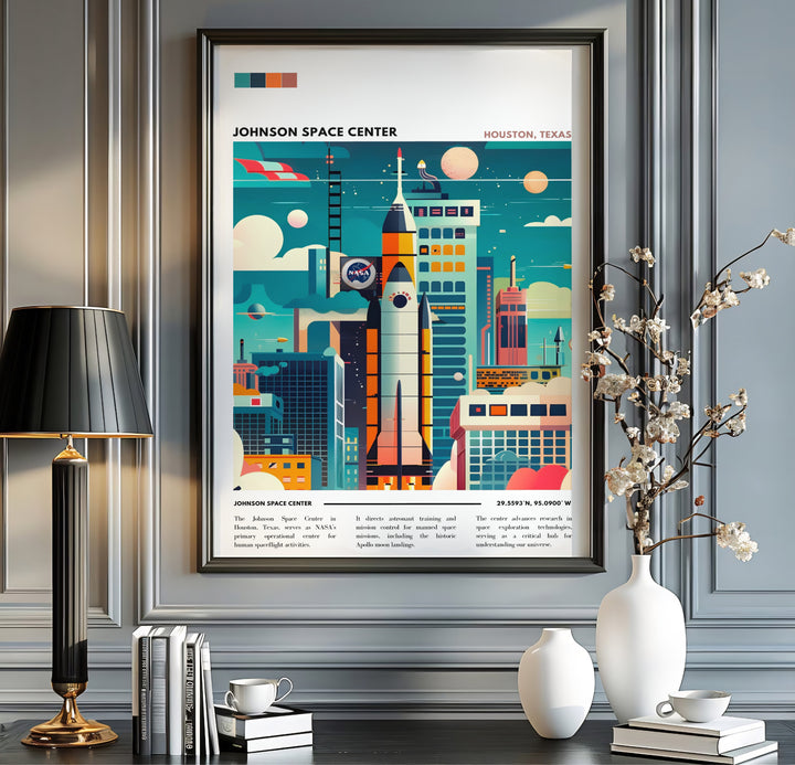 Featuring a detailed Saturn V style rocket standing tall above mission control facilities and distant moons, this graphic artwork is a standout Space Center Print selection. Choose an unframed NASA Poster, stretched canvas, or custom frame layout to complete your wall gallery.