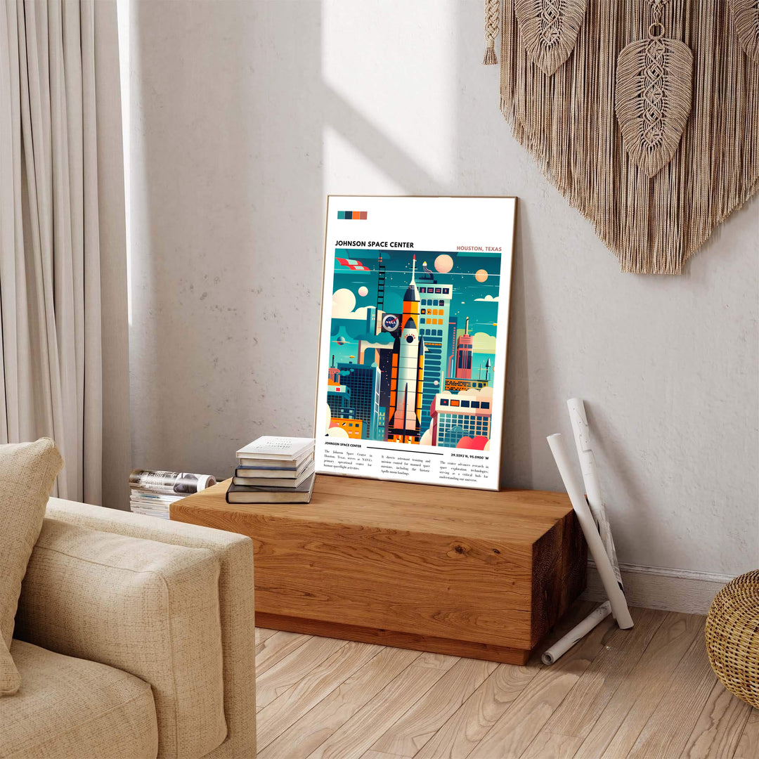A creative mid-century space display portraying a rocket ship surrounded by cosmic moons and technological buildings, crafted as a timeless NASA Wall Art design. It works as an expressive Houston NASA Print offered in unframed paper prints, museum canvas wraps, and custom frames.