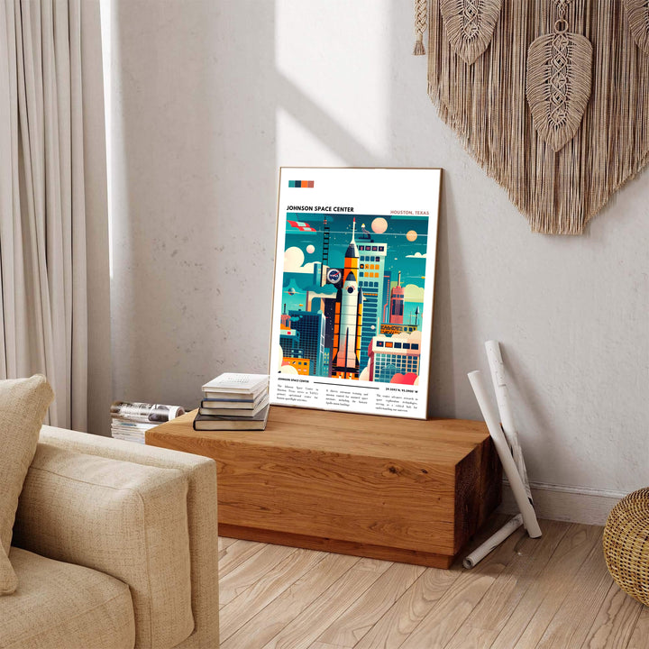 A creative mid-century space display portraying a rocket ship surrounded by cosmic moons and technological buildings, crafted as a timeless NASA Wall Art design. It works as an expressive Houston NASA Print offered in unframed paper prints, museum canvas wraps, and custom frames.