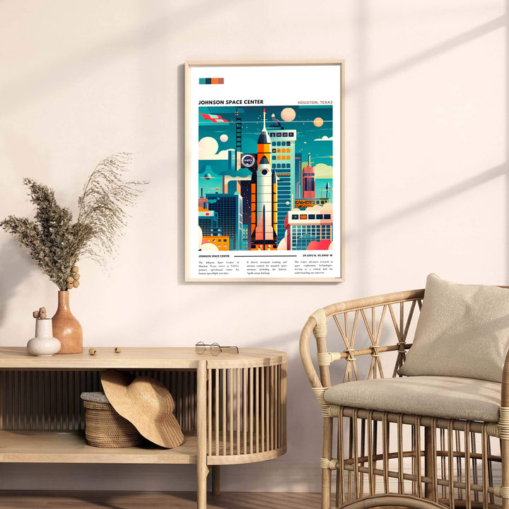 This space travel graphic honors human spaceflight history in Houston with bold typography, color swatches, and retro rocket artwork. Created by MapYourDreams, it is provided as an unframed Johnson Space Center Print, gallery canvas wrap, or custom frame to enrich your home decor.