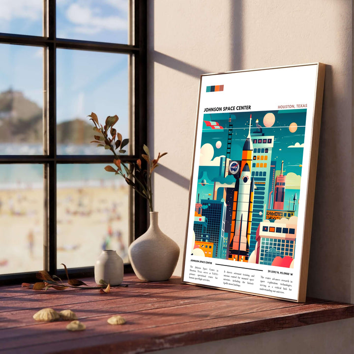 A vibrant retro-futuristic artwork honoring Texas spaceflight history, functioning as a bold Houston NASA Print. It features technical color swatches and launch pad graphics, provided across versatile finishes like unframed fine art paper, gallery wrapped canvas, or bespoke custom frames.