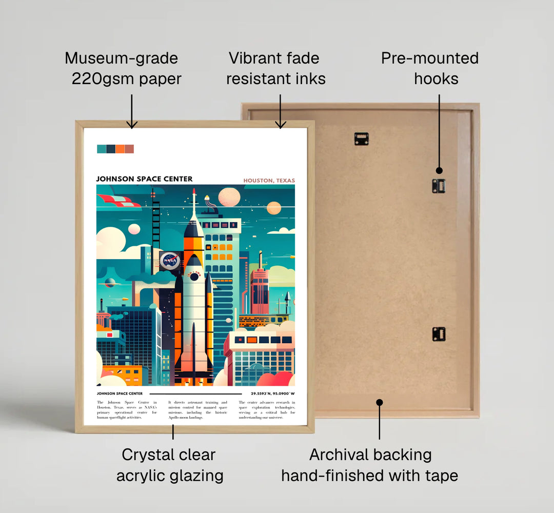 Celebrating Apollo and modern space missions, this graphic NASA Poster combines teal blue, coral orange, gold, and charcoal tones. It is produced as a versatile Johnson Space Center Print with display options ranging from unframed matte paper to gallery canvas wraps and custom frames.