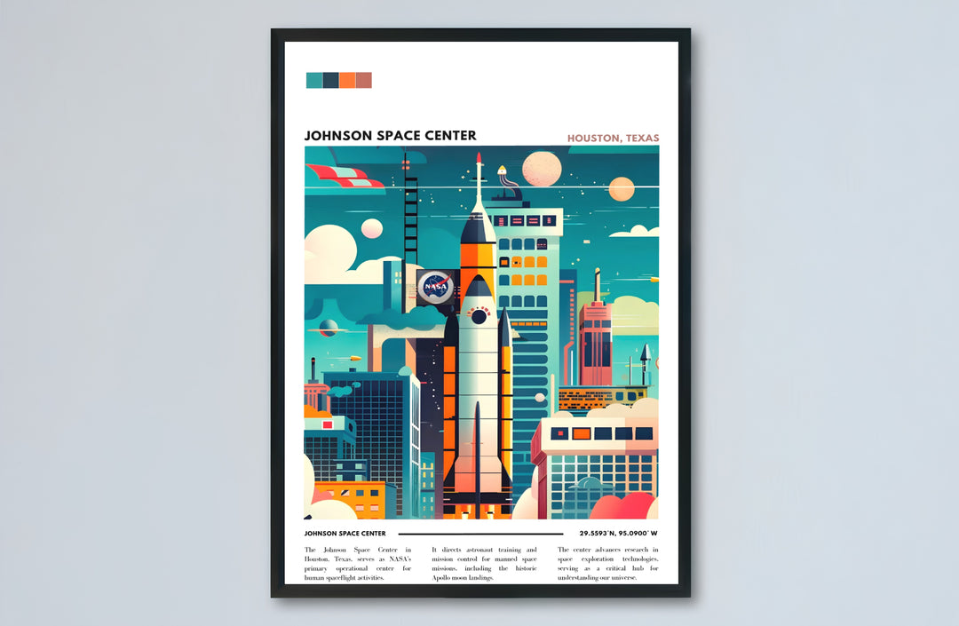 A retro-futuristic Space Center Print displaying a rocket ship, celestial planets, radar dishes, and geometric research centers under a teal sky. Available as an unframed Johnson Space Center Print, stretched canvas wrap, or custom frame, it adds instant space-age charm to walls.