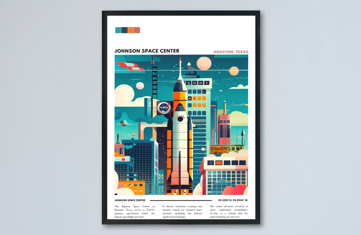 A retro-futuristic Space Center Print displaying a rocket ship, celestial planets, radar dishes, and geometric research centers under a teal sky. Available as an unframed Johnson Space Center Print, stretched canvas wrap, or custom frame, it adds instant space-age charm to walls.