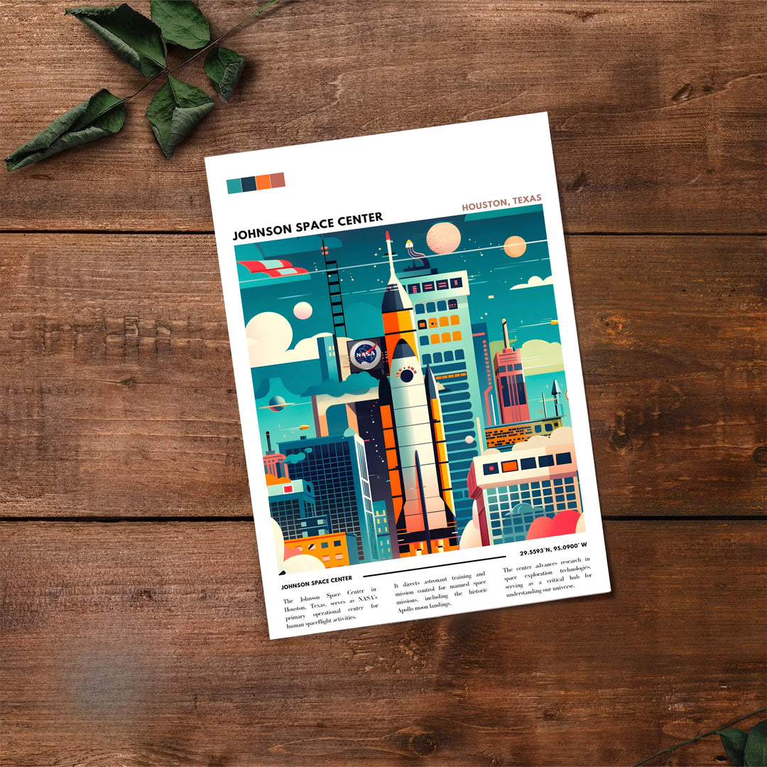 Illustrating a rocket ship standing against futuristic facilities with blue, coral, and yellow color accents, this NASA Wall Art piece brings cosmic inspiration to any room. Choose this NASA Poster in an unframed paper format, gallery canvas wrap, or custom timber frame for your home.