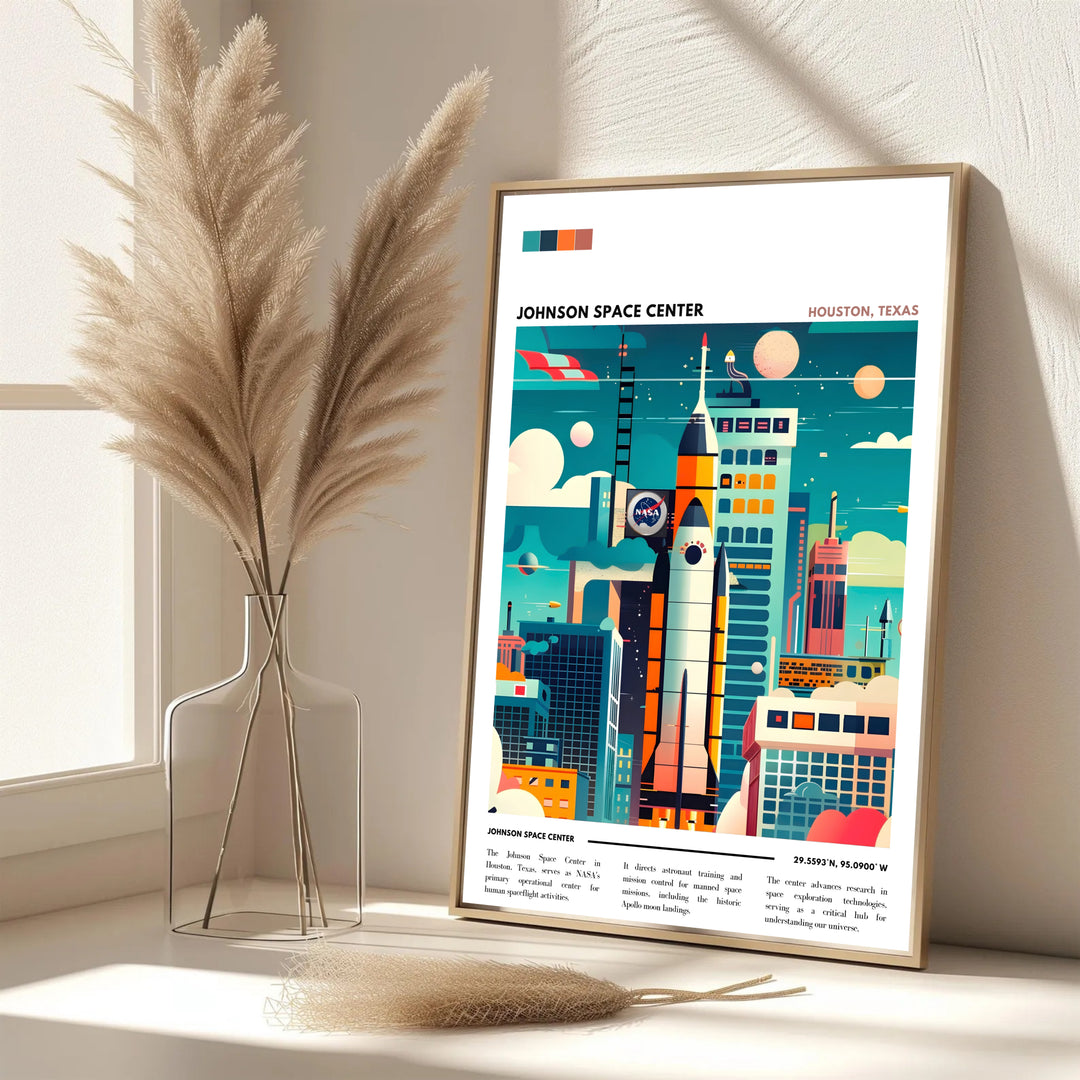 A stylish space artwork by MapYourDreams celebrating American spaceflight history through a stunning Houston NASA Print design. Featuring the Johnson Space Center rocket and orbital moons, this Space Center Print is available as an unframed print, gallery canvas, or custom frame.