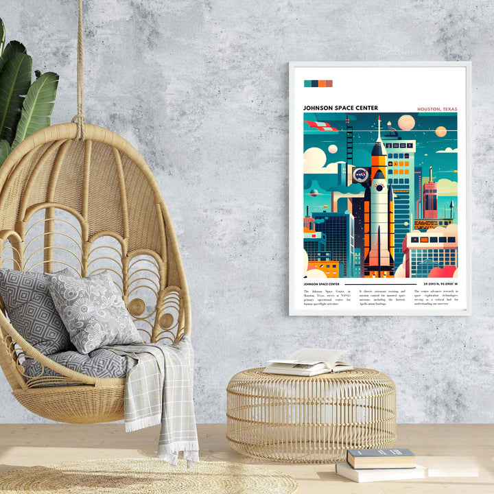 High-contrast vector NASA Poster illustrating rocket ships, planetary orbits, and research buildings at Houston&