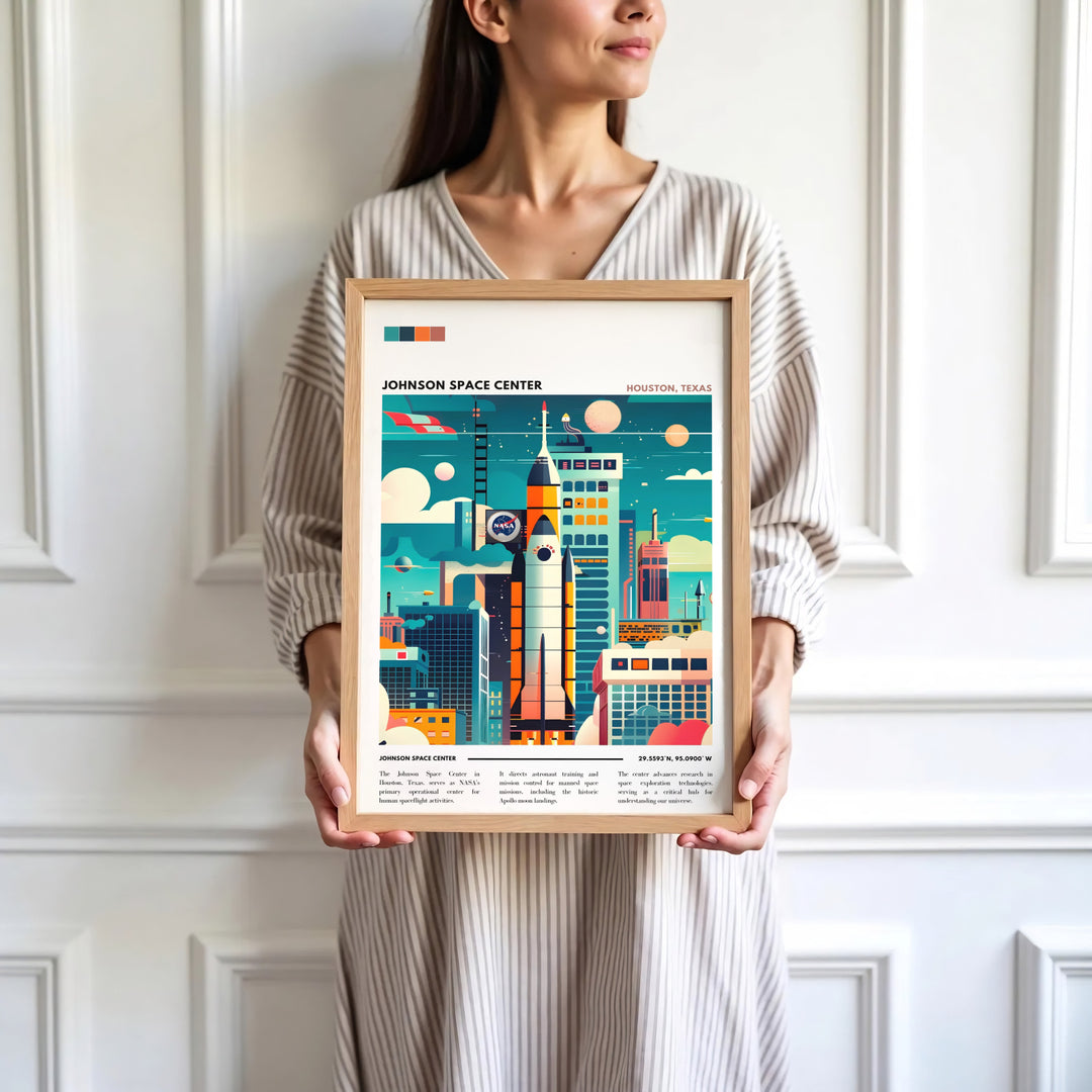 This nostalgic retro space age Space Center Print celebrates NASA history with rich turquoise teal, coral red, golden yellow, and white color gradients. Offered as an unframed NASA Wall Art piece, gallery canvas wrap, or custom frame, it is a perfect match for cosmic decor.