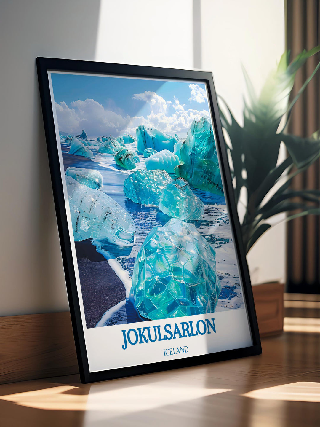 Wall art featuring Diamond Beach with detailed ice textures on volcanic sand providing a unique aesthetic to any room