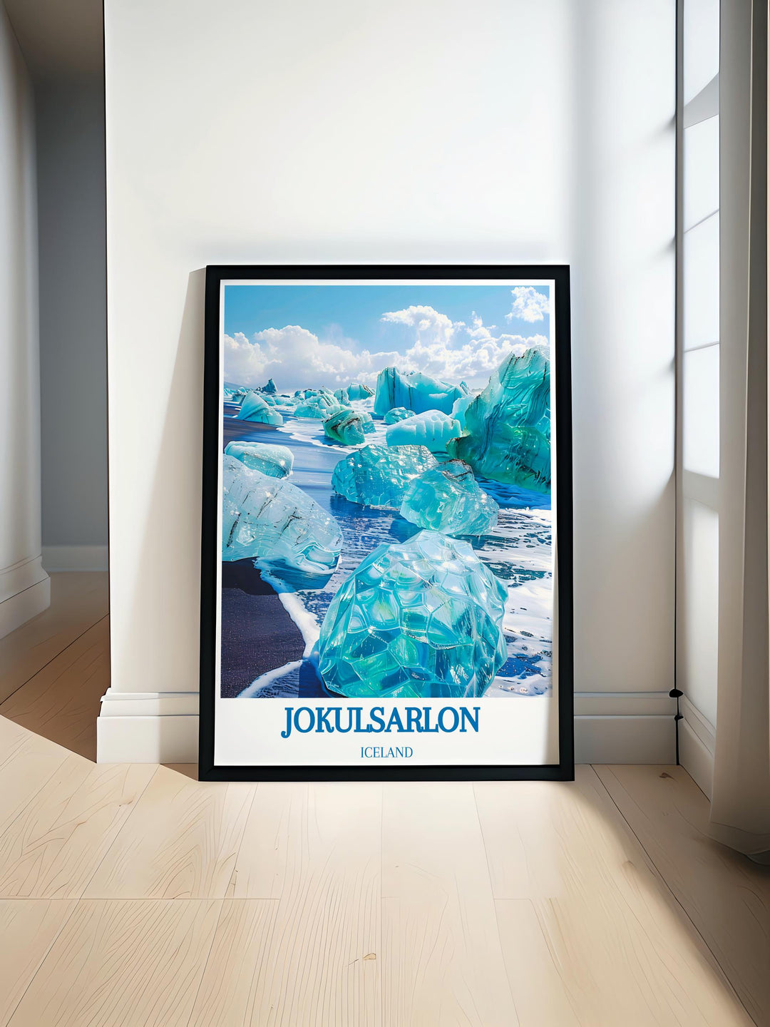 Art print of Jokulsarlon lagoon showcasing serene blue waters and floating icebergs perfect for a calming home atmosphere