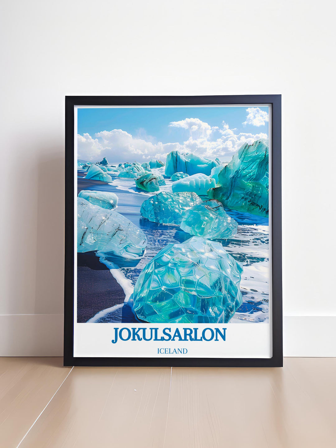 Framed artwork of Diamond Beach highlighting sparkling ice on black sand ideal for modern and contemporary interiors