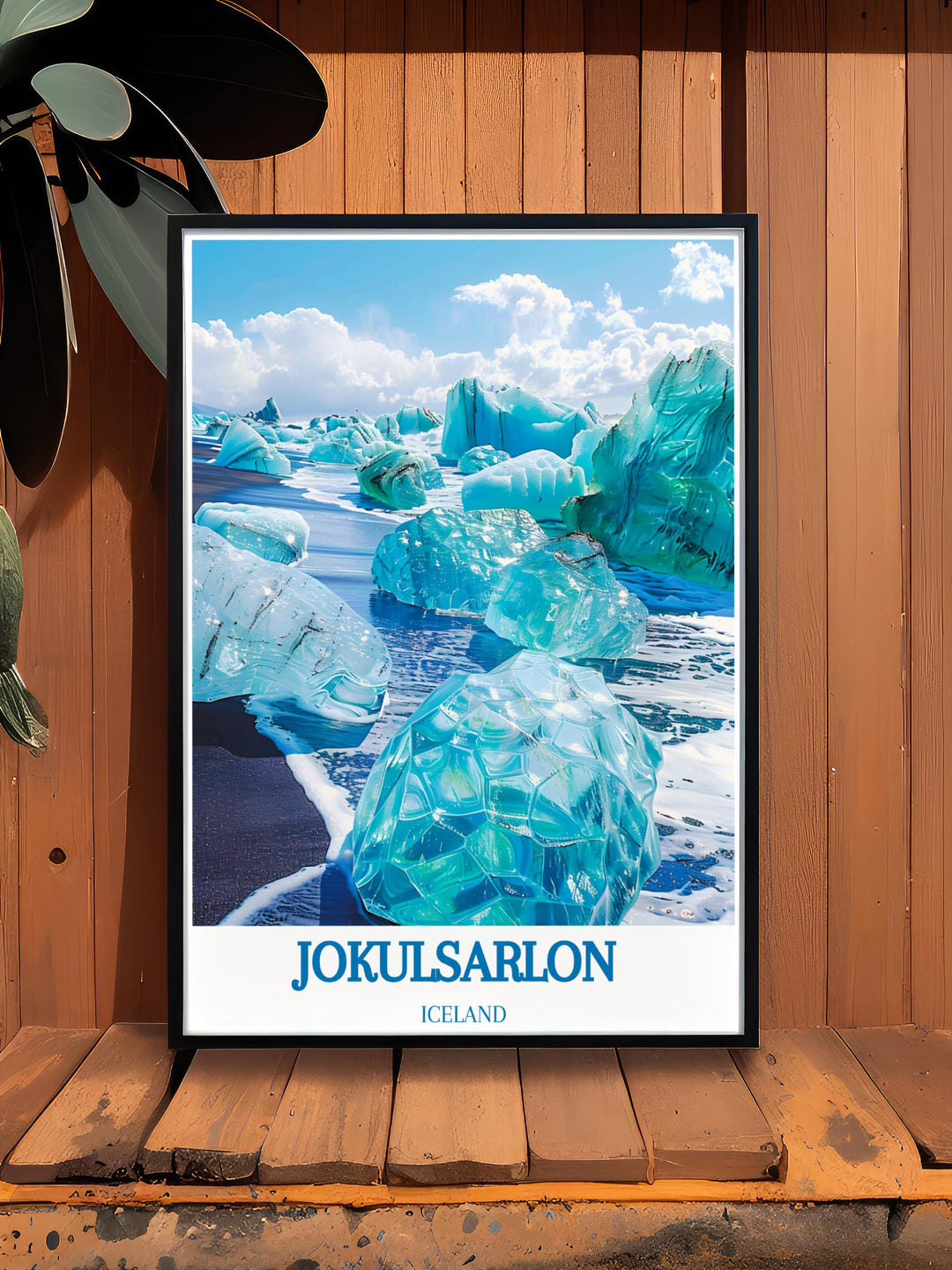 Jokulsarlon lagoon art print focusing on the dynamic ice movements and reflective waters suitable for serene decor themes