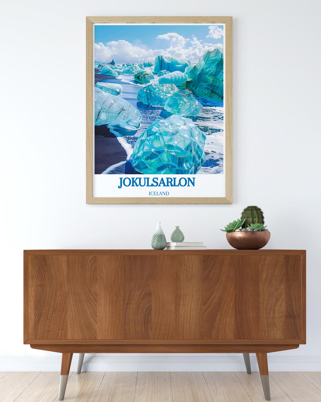 Vintage travel poster of Iceland featuring iconic scenes from Diamond Beach and Jokulsarlon perfect for art collectors