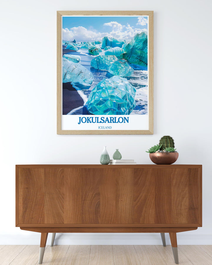 Vintage travel poster of Iceland featuring iconic scenes from Diamond Beach and Jokulsarlon perfect for art collectors