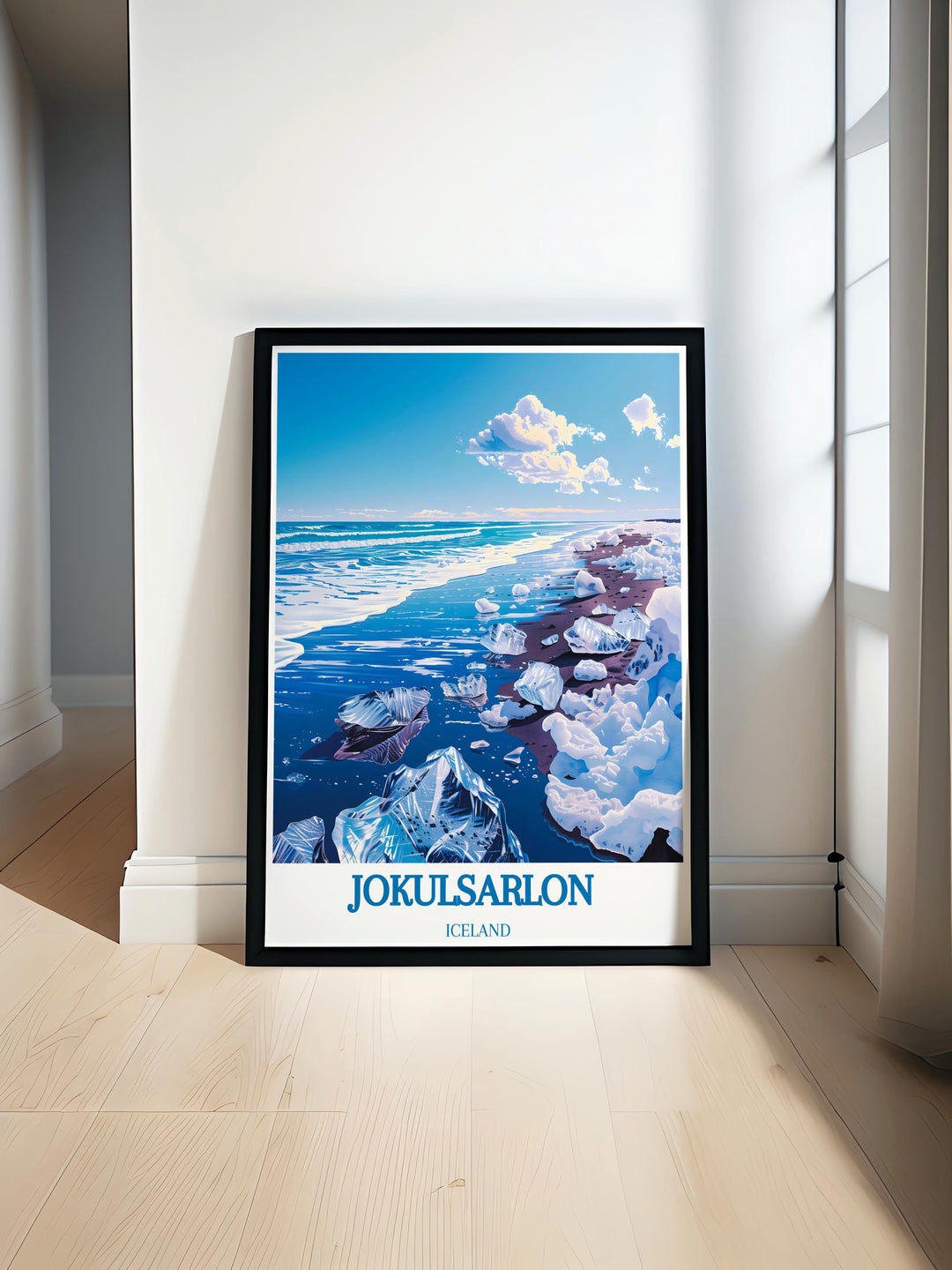 Fine art print showcasing the vivid blue icebergs of Jokulsarlon glacier lagoon in Iceland perfect for adding a touch of serene nature to any room