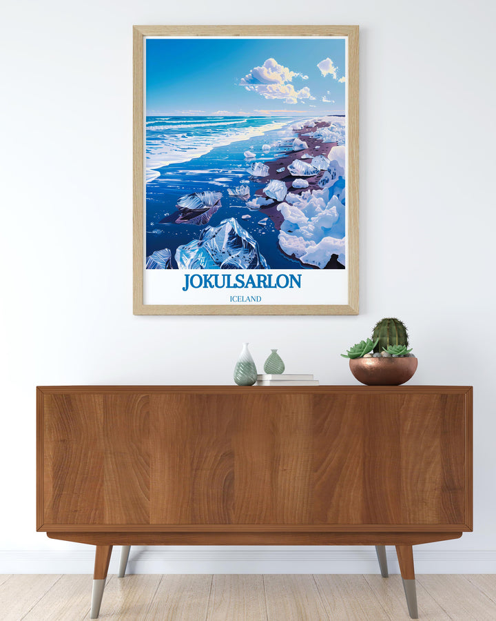 Travel poster of Jokulsarlon Iceland capturing the tranquil waters and floating icebergs ideal for lovers of geology and natural landscapes