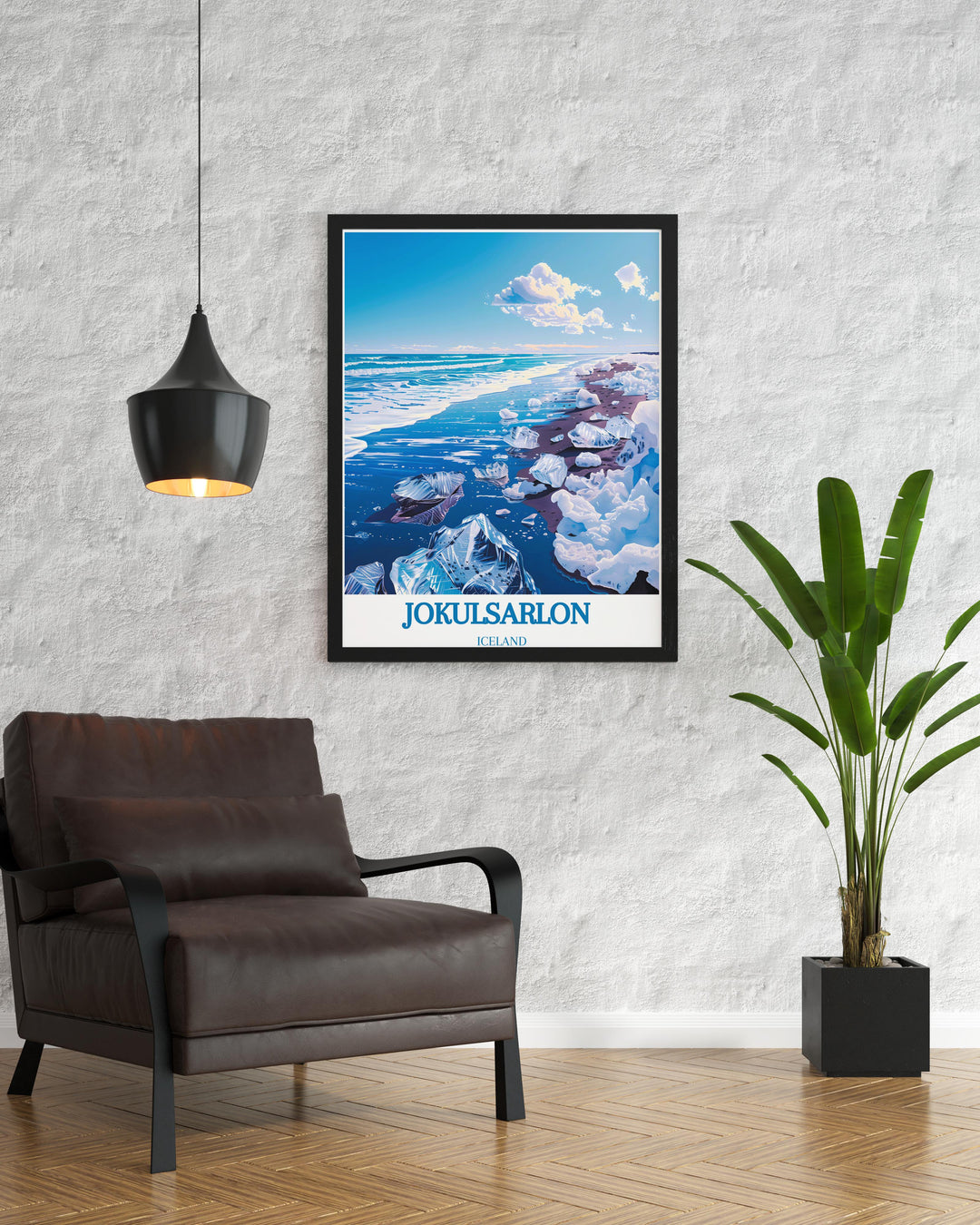 Print of Diamond Beach in Iceland highlighting the shimmering ice on dark sands ideal for coastal or contemporary themed decor