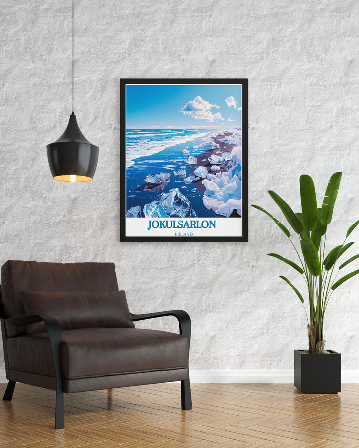 Print of Diamond Beach in Iceland highlighting the shimmering ice on dark sands ideal for coastal or contemporary themed decor