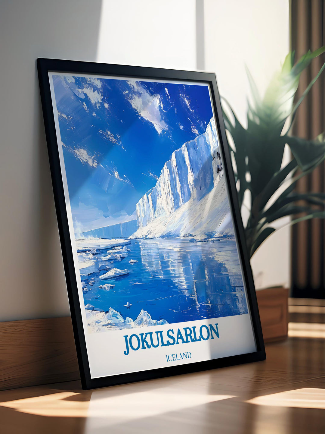 Print of Jokulsarlon with Northern Lights providing a colorful sky, excellent for a vibrant addition to any wall space