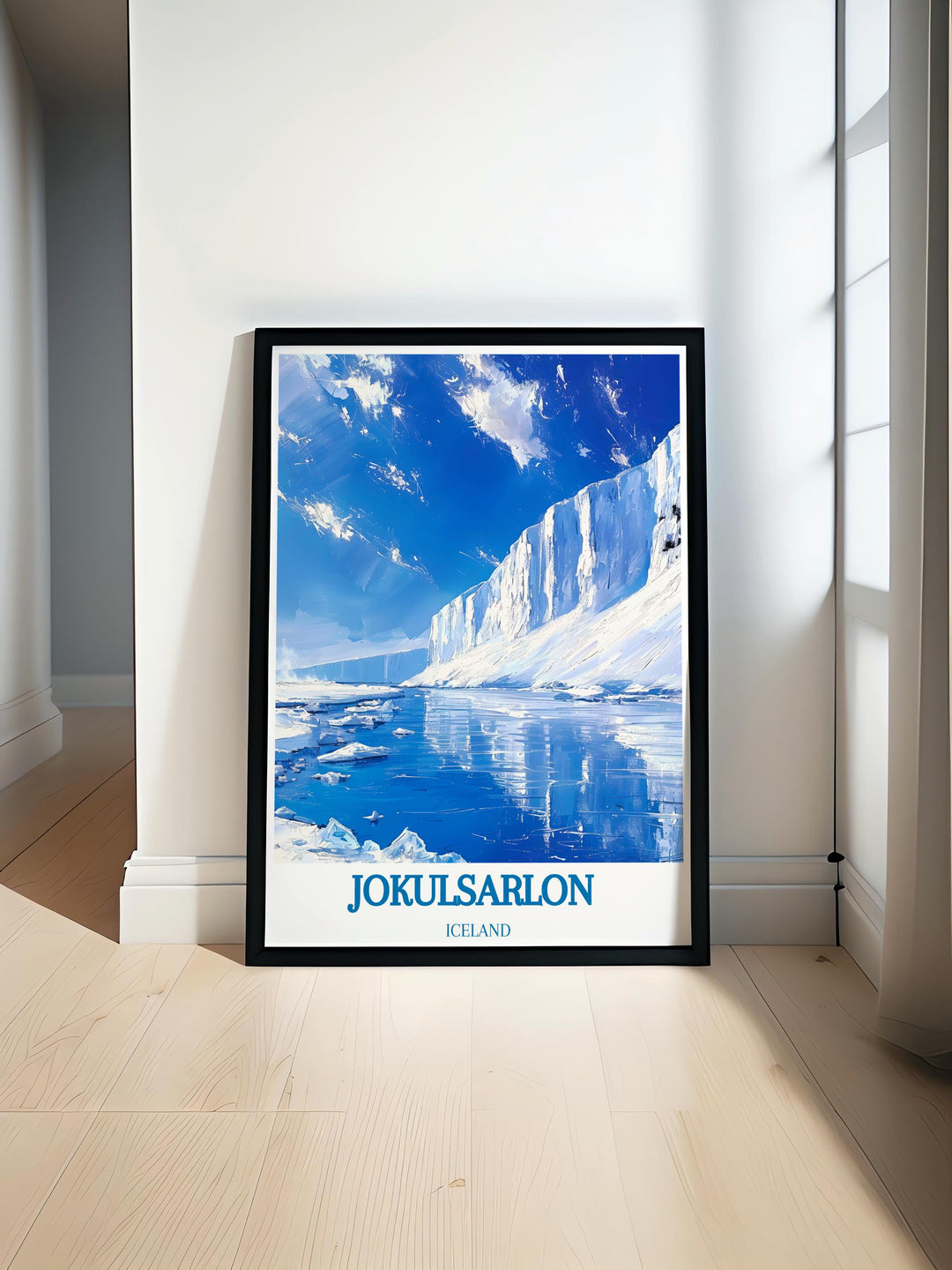 Modern wall art of Jokulsarlon lagoon showcasing serene blue tones and icebergs perfect for a contemporary home