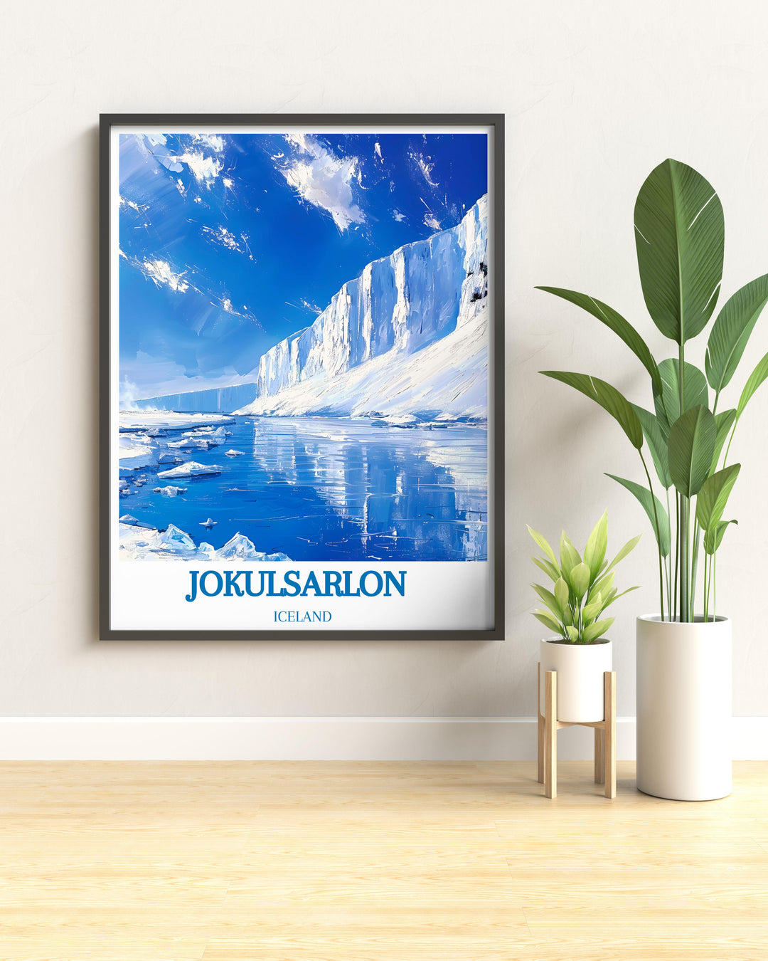 Custom Iceland print featuring the vibrant Aurora Borealis over Jokulsarlon, great for enhancing bedroom or living room decor