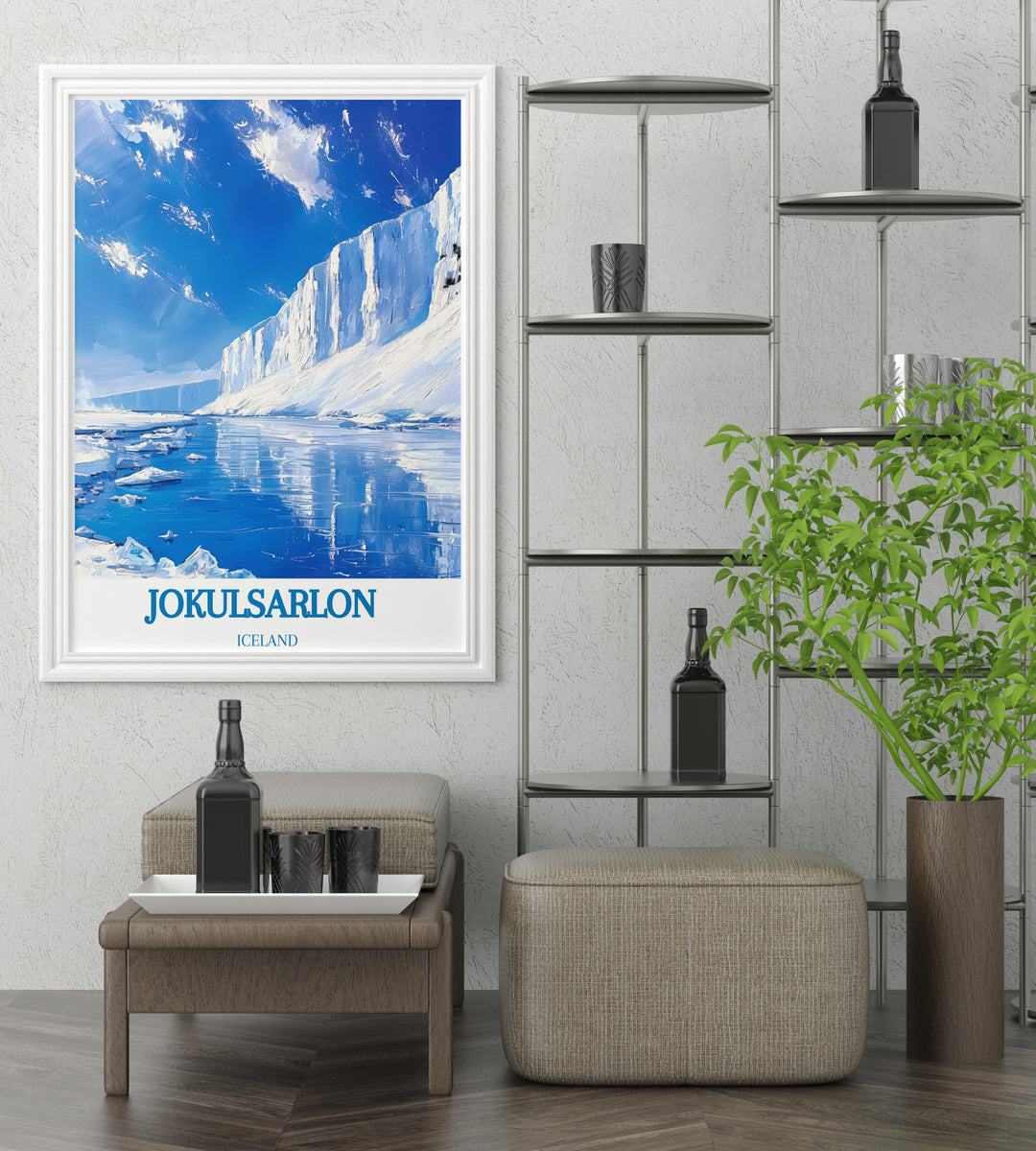 Iceland travel poster focusing on the rugged landscapes and ice formations of Iceberg Lagoon suitable for adventure enthusiasts
