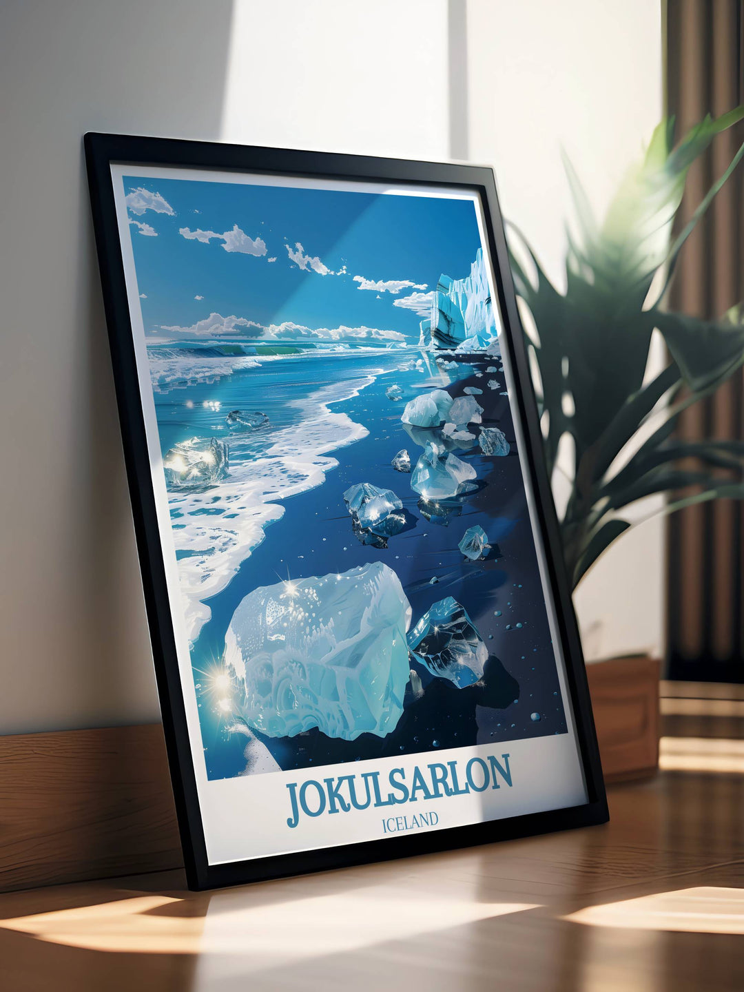 Elevate your home décor with this Europe travel poster gift, showcasing the stunning landscape of Diamond Beach jokulsarlon and the majestic Jokulsarlon Glacier Lagoon