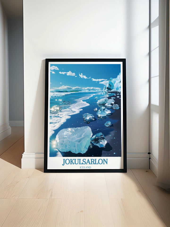 Majestic icebergs drift on turquoise waters at Jokulsarlon Glacier Lagoon, with Diamond Beach in the background, a surreal landscape of black sand and glistening ice