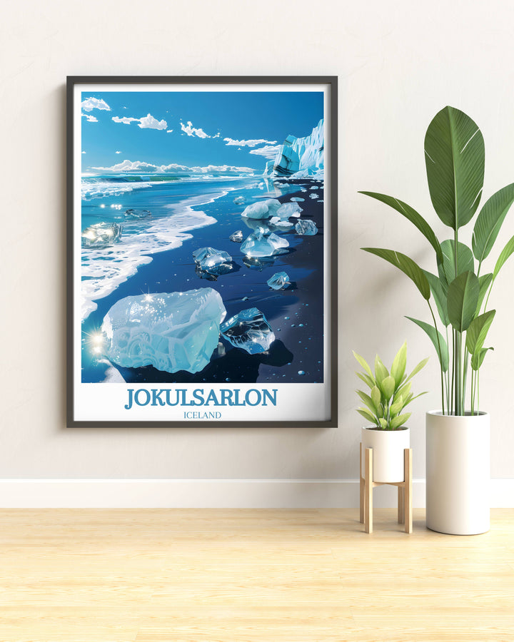 Jokulsarlon Wall Hanging Home Décor showcases the ethereal landscape of Diamond Beach, where icebergs from the glacier lagoon meet the volcanic shores of Iceland