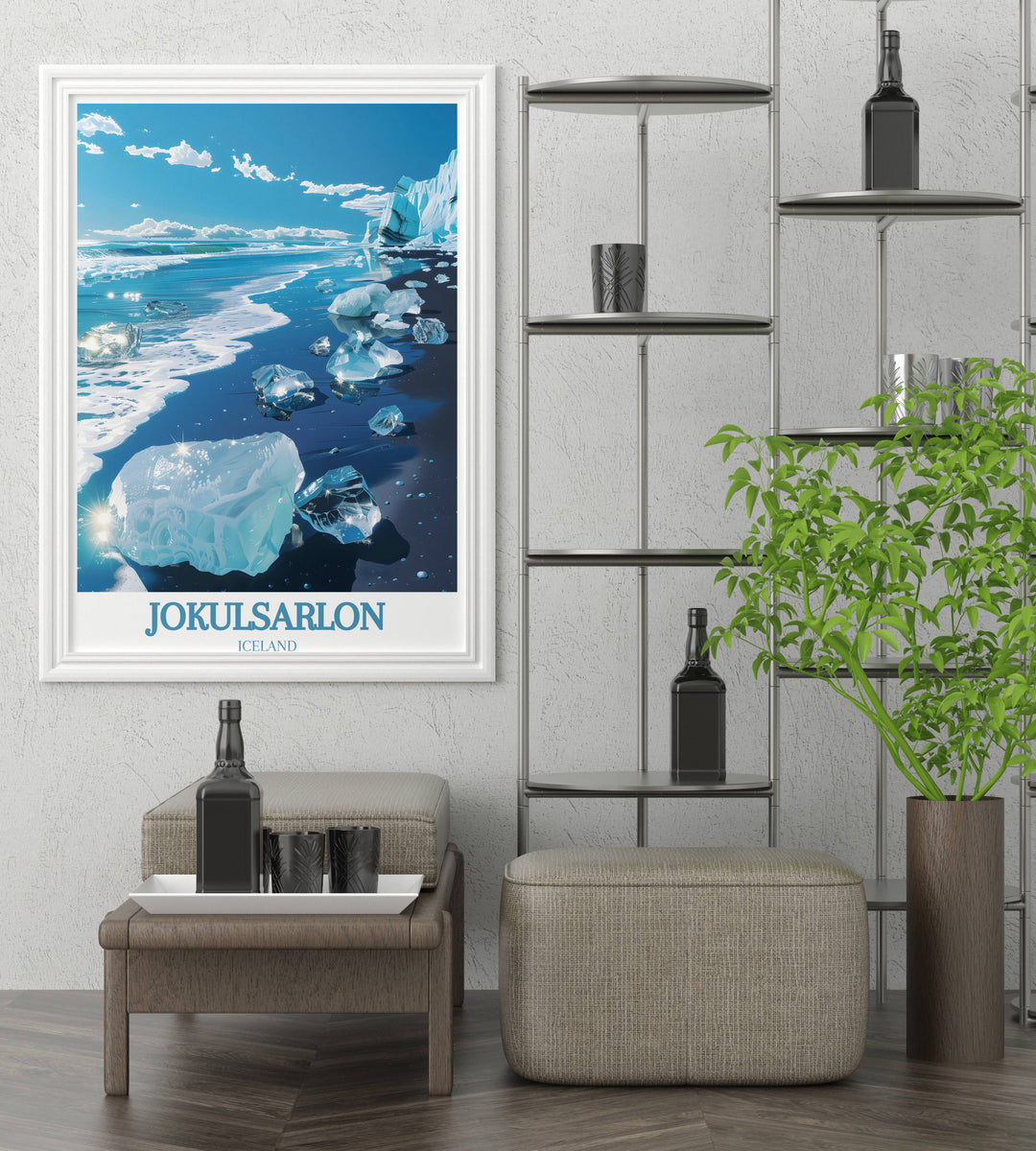 Adorn your walls with the captivating beauty of Diamond Beach jokulsarlon, captured in this exquisite print, showcasing the contrast of icebergs and black sand