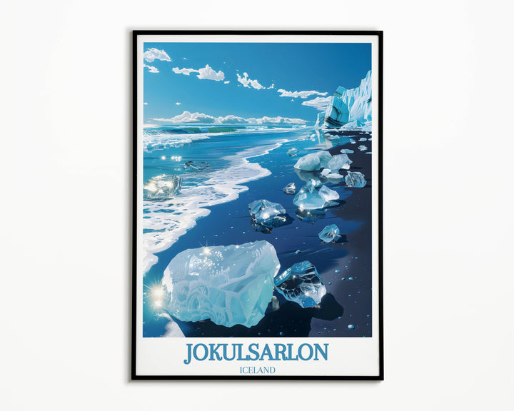 Experience the natural wonder of Diamond Beach jokulsarlon with this Iceland art lover gift, featuring a breathtaking view of icebergs against the volcanic coastline