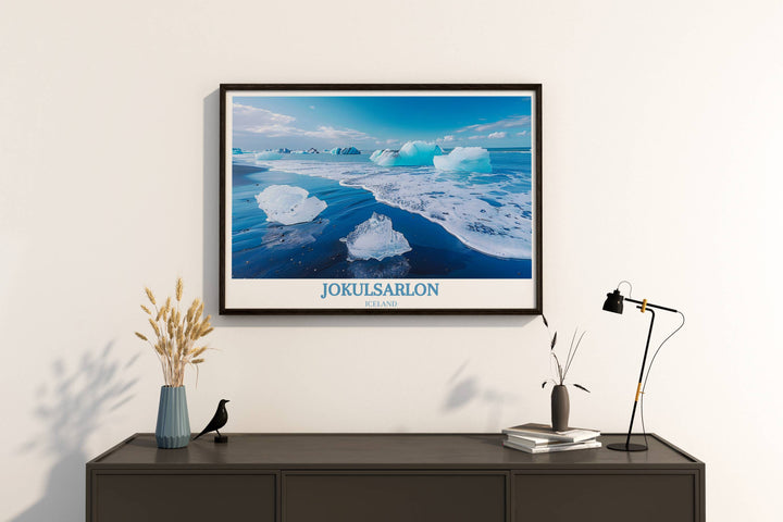 Elevate your home décor with this Europe travel poster gift, featuring the stunning landscape of Diamond Beach jokulsarlon and the majestic Jokulsarlon Glacier Lagoon