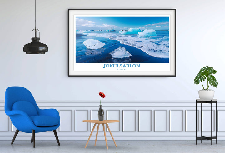 This Jokulsarlon Print transports you to the remote wilderness of South Iceland, where Diamond Beach awaits with its sparkling icebergs and pristine waters