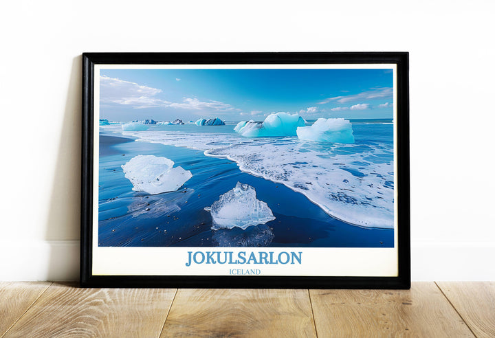 Glistening icebergs float on turquoise waters at Jokulsarlon Glacier Lagoon, with Diamond Beach in the foreground, a stunning scene captured in this wall art