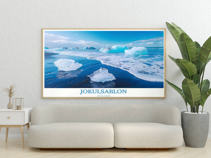Capture the serene beauty of Diamond Beach jokulsarlon with this printable photo, featuring icebergs drifting peacefully on the tranquil waters of Jokulsarlon Glacier Lagoon