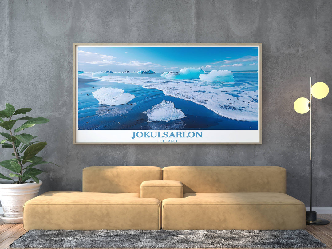 Jokulsarlon Wall Hanging Home Décor showcases the ethereal landscape of Diamond Beach, where icebergs meet the volcanic shores of Iceland in a mesmerizing display