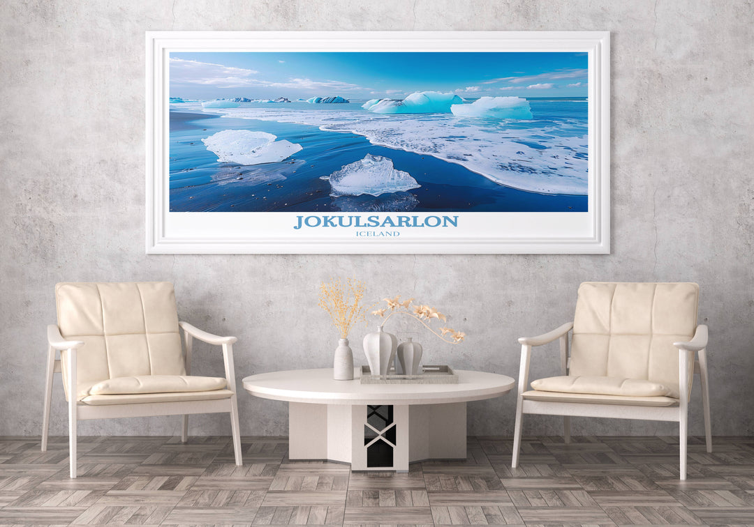 Immerse yourself in the enchanting scenery of Jokulsarlon Glacier Lagoon, with Diamond Beach in the foreground and majestic glaciers in the distance, captured in this print.