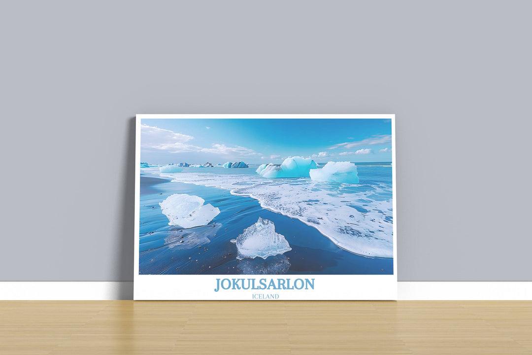 Adorn your walls with the captivating beauty of Diamond Beach jokulsarlon, featuring a breathtaking view of icebergs against the volcanic coastline in this exquisite artwork.
