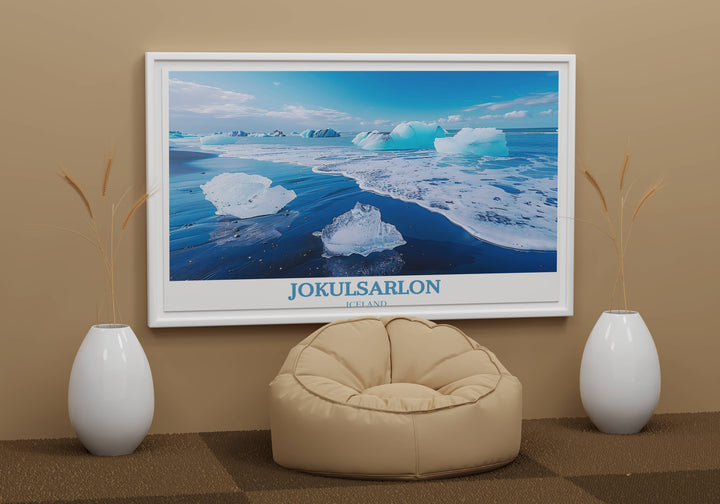 Experience the natural wonder of Diamond Beach jokulsarlon with this Iceland-themed gift, showcasing a stunning landscape of icebergs against the volcanic shore