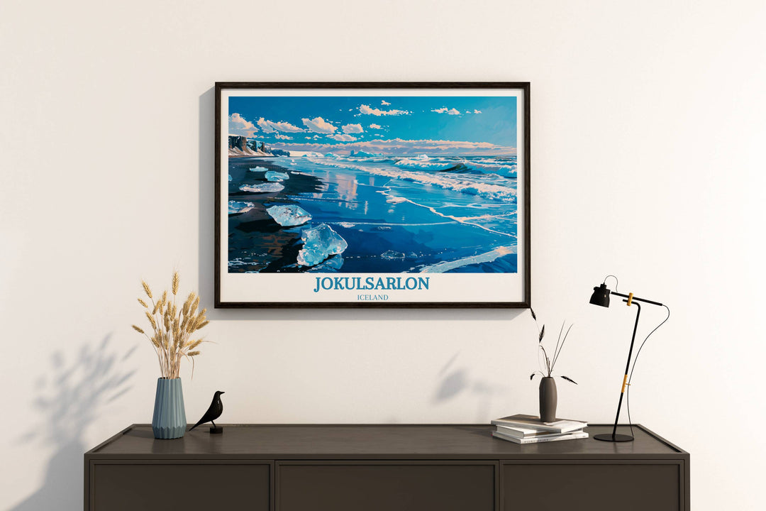 Elevate your home décor with this Europe travel poster gift, featuring the stunning landscape of Diamond Beach jokulsarlon and the majestic Jokulsarlon Glacier Lagoon