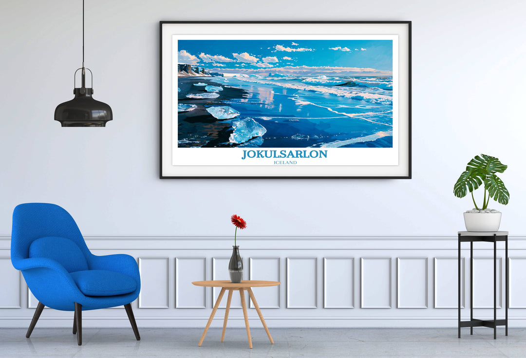 This Jokulsarlon Print transports you to the remote wilderness of South Iceland, where Diamond Beach awaits with its sparkling icebergs and pristine waters