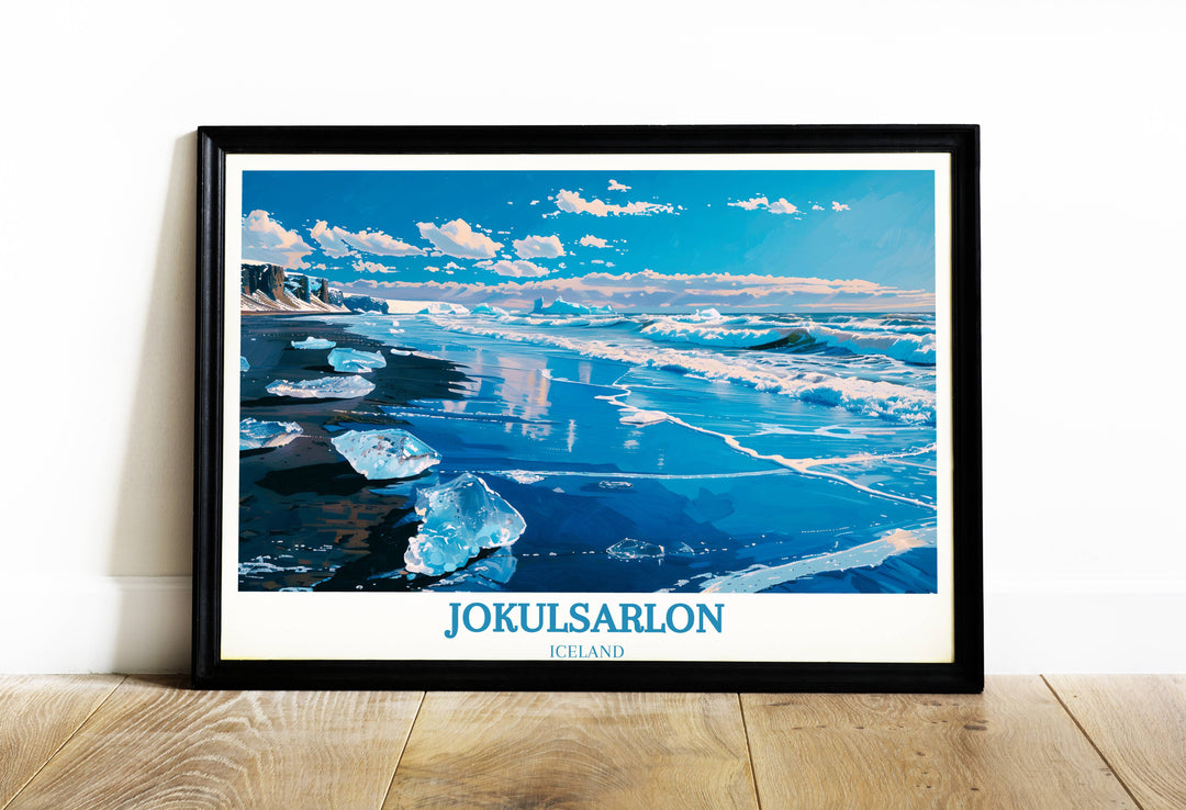 Aerial view of Diamond Beach jokulsarlon, where glittering icebergs contrast against volcanic sands, creating a captivating scene in South Iceland