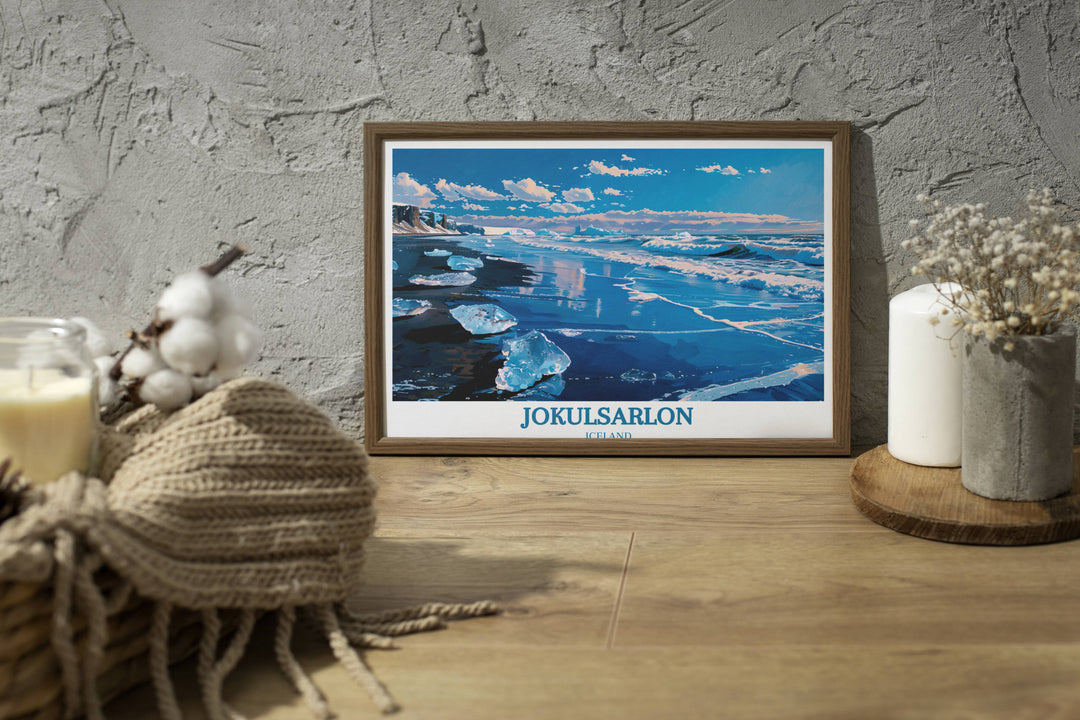 Icebergs float gracefully on turquoise waters at Jokulsarlon Glacier Lagoon, with Diamond Beach in the background, captured in this stunning wall art