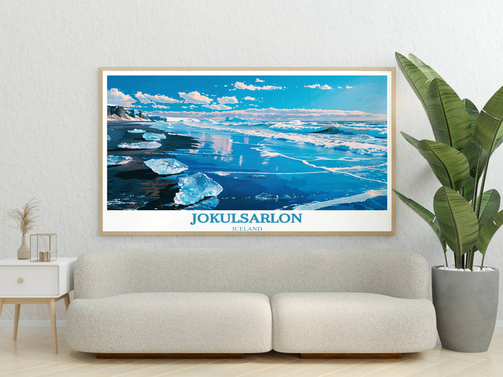 Capture the serene beauty of Diamond Beach jokulsarlon with this printable photo, featuring icebergs drifting peacefully on the tranquil waters of Jokulsarlon Glacier Lagoon