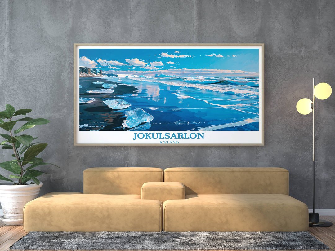 Jokulsarlon Wall Hanging Home Décor showcases the ethereal landscape of Diamond Beach, where icebergs meet the volcanic shores of Iceland in a mesmerizing display.