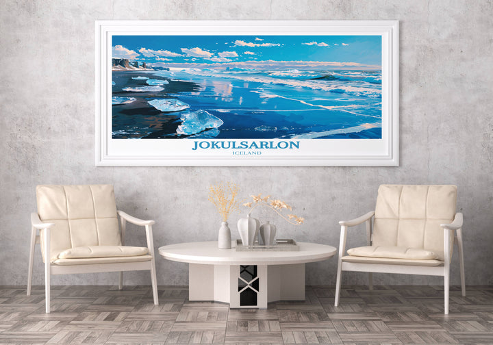 Immerse yourself in the enchanting scenery of Jokulsarlon Glacier Lagoon, with Diamond Beach in the foreground and majestic glaciers in the distance, captured in this print